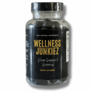 Wellness Junkiez Sleep Support Gummies bottle with 100 percent natural ingredients on a white background.