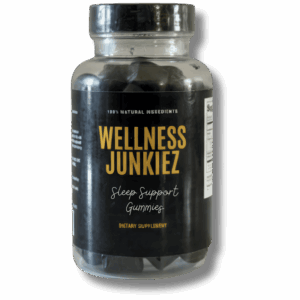 Wellness Junkiez Sleep Support Gummies supplement bottle made with 100 percent natural ingredients on a white background.