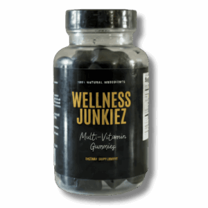 Wellness Junkiez Multi-Vitamin Gummies dietary supplement bottle made with 100 percent natural ingredients on a white background.