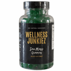 Clear bottle of Wellness Junkiez 100% natural green Sea Moss Gummies dietary supplement