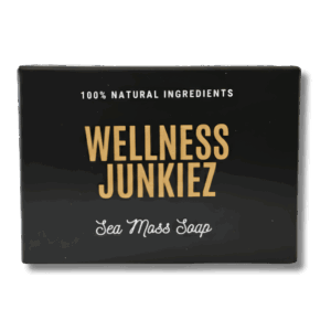 Wellness Junkiez Sea Moss Soap natural bar soap box in black packaging with gold and white lettering isolated on a white background.