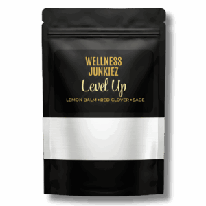 A black stand-up pouch of Wellness Junkiez Level Up natural support supplement for daily vitality and energy.