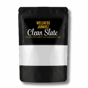A black stand-up pouch of Wellness Junkiez Clean Slate natural support supplement for digestive wellness and detoxification.