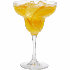 A glass of Citrus Cooler mocktail filled with orange juice, orange slices, and ice cubes on a white background.