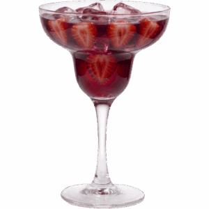 Berry Bliss non-alcoholic cocktail in a margarita glass featuring a dark red berry liquid, crushed ice, and fresh strawberry slices on a white background.