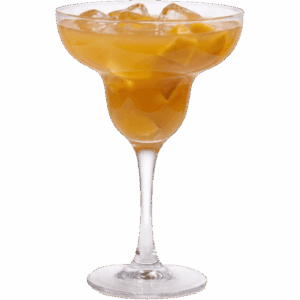 Mango Breeze alcohol-free wellness mocktail made with Ritual Zero Proof Tequila, fresh mango chunks, and ice in a margarita glass on a clean white background.