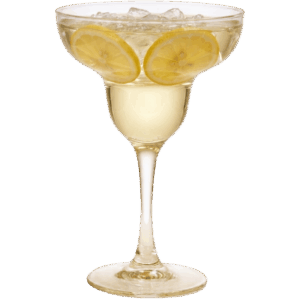 Island Escape non-alcoholic cocktail made with Ritual Zero Proof Tequila, fresh lemon slices, and crushed ice in a margarita glass on a white studio background
