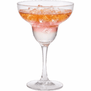 Sunset Splash non-alcoholic cocktail made with Ritual Zero Proof Tequila featuring a sunset-gradient liquid and crushed ice in a margarita glass on a white background.