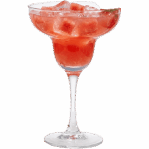 Studio product photograph of the 'Mango Breeze' functional mocktail for Wellness Junkiez. Served in a classic margarita glass with ice cubes, a warm golden-orange hue, and fresh diced mango pieces, set against a seamless white studio background. Crafted with Ritual© Zero Proof Tequila.
