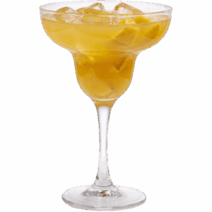 Pineapple Paradise non-alcoholic cocktail made with Ritual Zero Proof Tequila, pineapple chunks, and ice cubes in a margarita glass on a white background