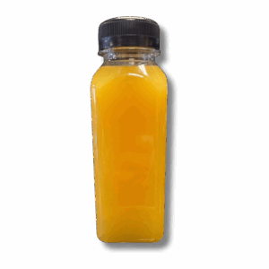 Square plastic juice bottle filled with opaque orange Citrus Plug juice, featuring a black cap, isolated on a white background with a shadow.