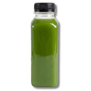 A square clear plastic juice bottle filled with dark green "Green Fix" liquid and topped with a black ribbed cap, isolated on a plain white background