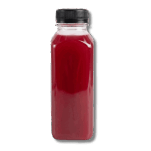 A square clear plastic juice bottle filled with deep red "Midnight Rush" liquid and topped with a black ribbed cap, isolated on a white background