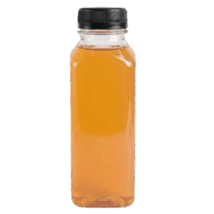 A square clear plastic juice bottle filled with warm amber-orange "Midnight Fix" liquid and topped with a black ribbed cap, isolated on a white background