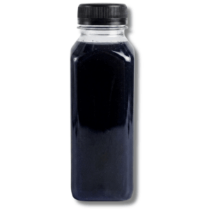 Clear square bottle filled with deep black activated charcoal lemonade and topped with a black cap, isolated on a white background.